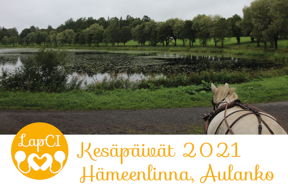 Kuvassa järvimaisema ja hevosen selkä. Teksti Kesäpäivät 2021 Hämeenlinna Aulanko. LapCI ry:n logo