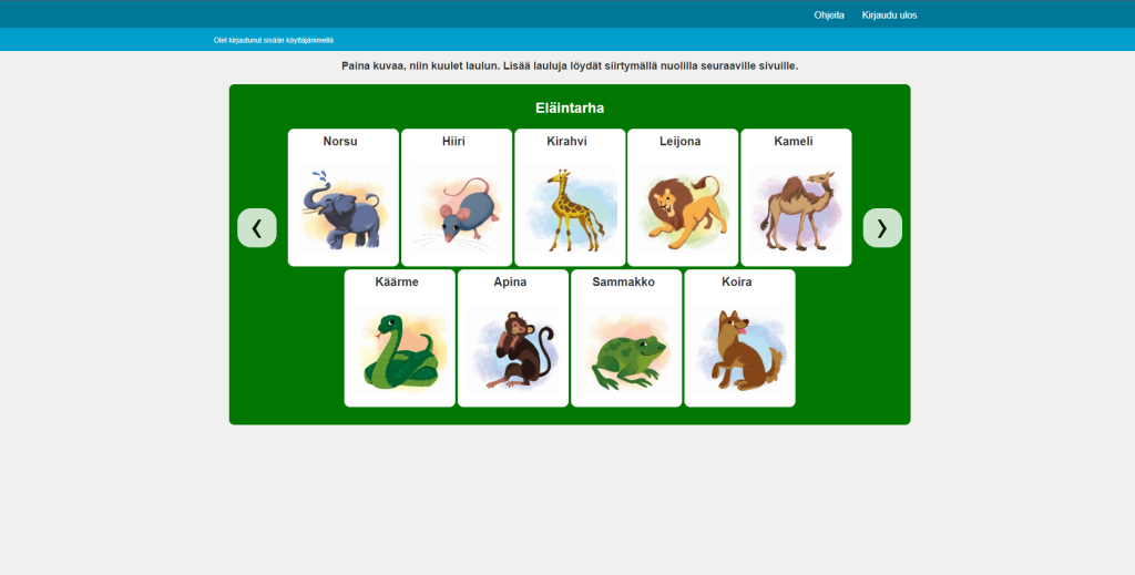 Kuvassa screen shot tablettisovelluksen sivusta, jossa on 9 painiketta ja kaikissa painikkeissa on erilaisten eläimien kuvia. 