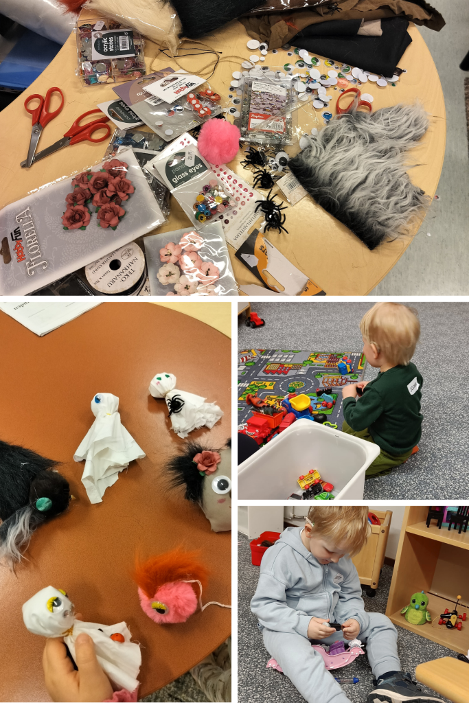 kollaasi kuvia askartelupöydästä, askartelutuloksista ja lapsista leikkimässä